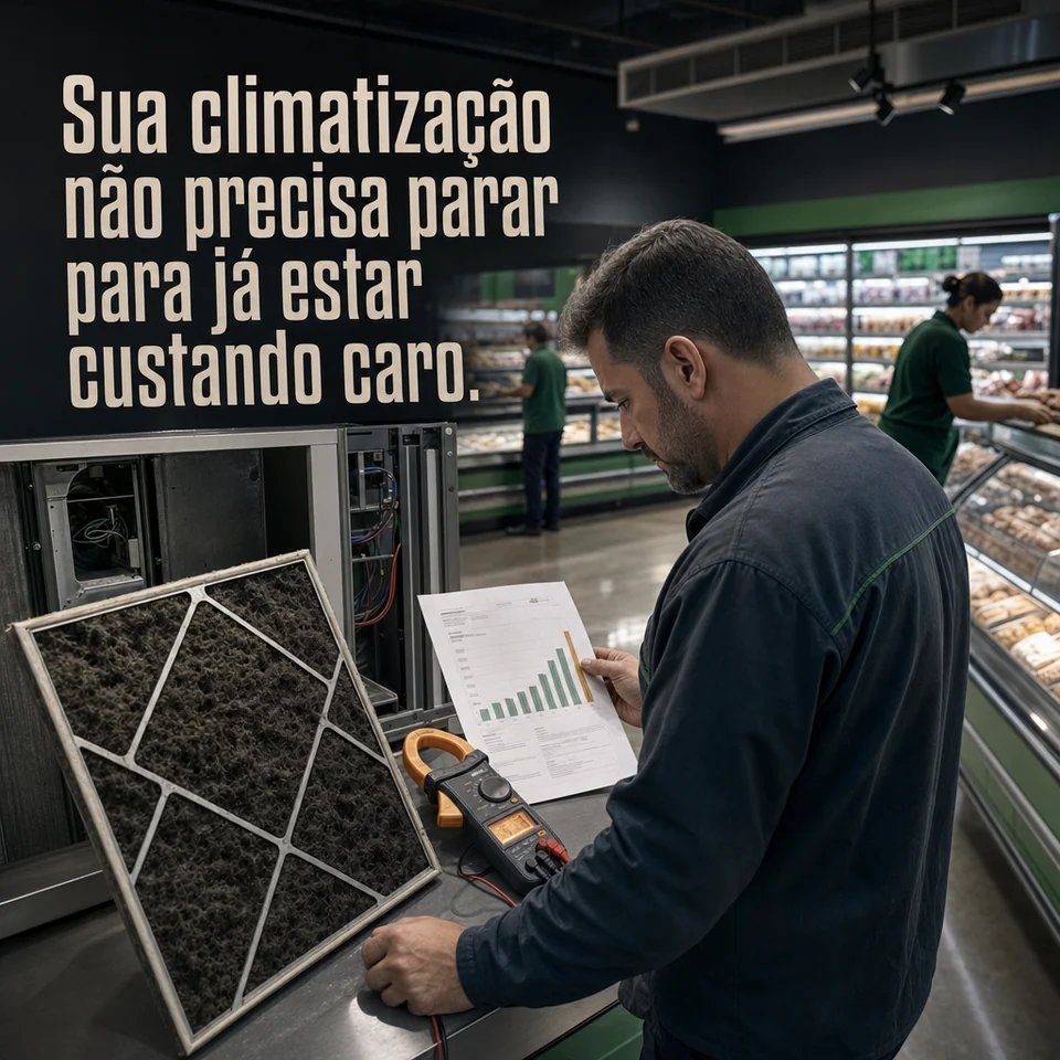 Peça demonstrativa: técnico avalia climatização e custos de operação em um mercado.