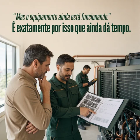 Peça demonstrativa: técnico apresenta um diagnóstico preventivo ao responsável pela empresa.