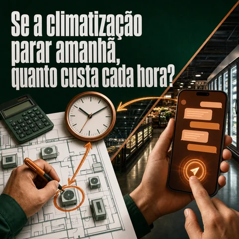 Peça demonstrativa: custo de uma parada da climatização, com relógio, projeto e celular.